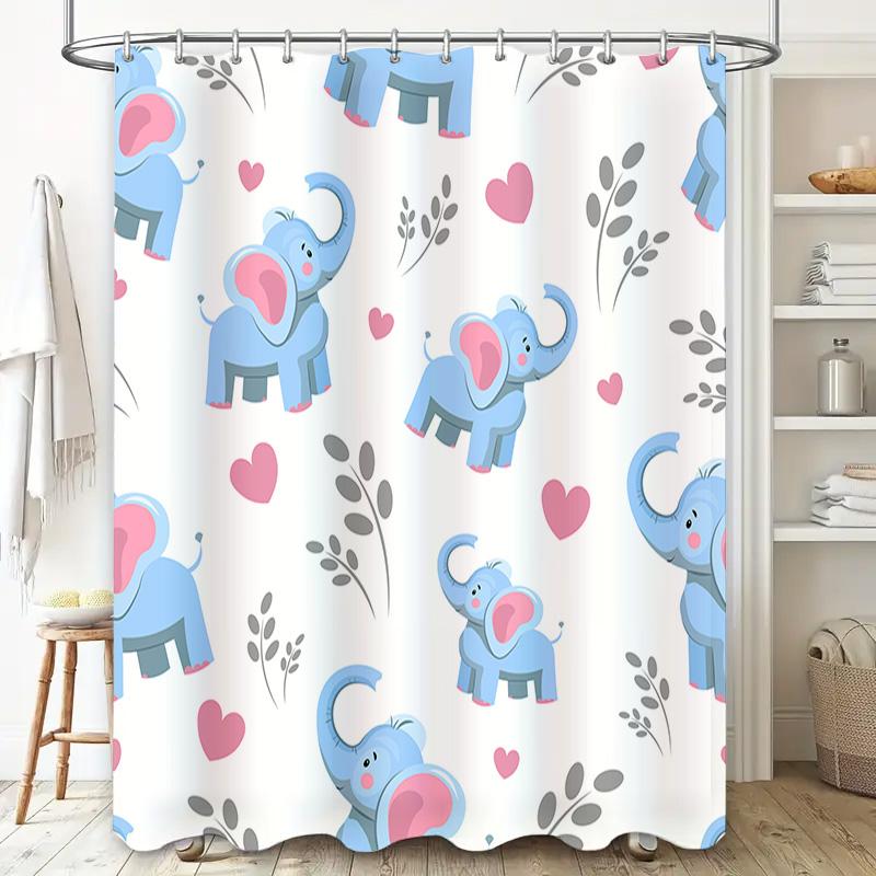 Blue Elephant Shower Curtain Children'S Bath Decor Cute Heart Leaves Pattern For Bathroom Decoration (White)