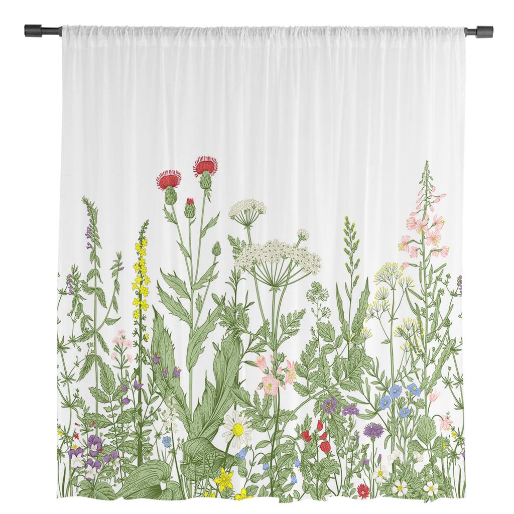 Transparente Vorhänge im Vintage-Stil mit Kräuterpflanzen und Blumen für die Wohnzimmerdekoration, Fenstervorhänge für die Küche, Tüll-Voile-Organza-Vorhänge
