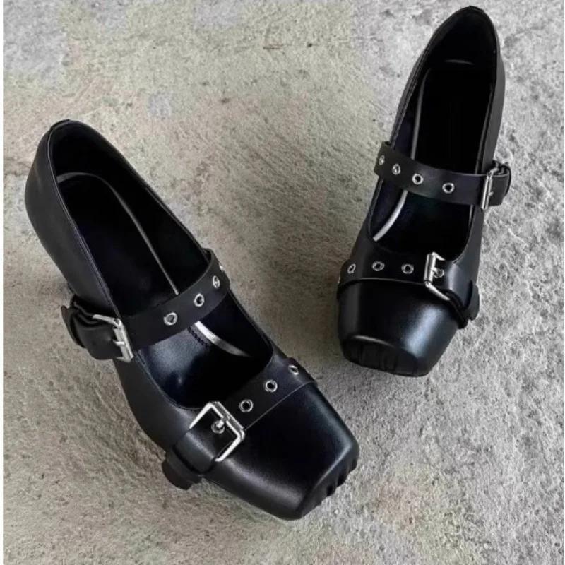 2025 New Black 7cm High Heels Sandals Metal Buckle Rivets Ballet Shoes Spicy Girl Square Toe Shoes PU Autumn Women's Shoes 35-39