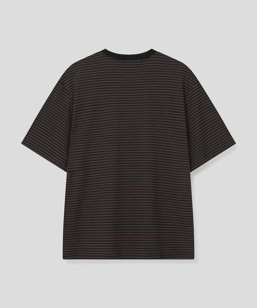 SLOW RECORD HOUSE Striped Short Sleeve T-Shirt_Brown