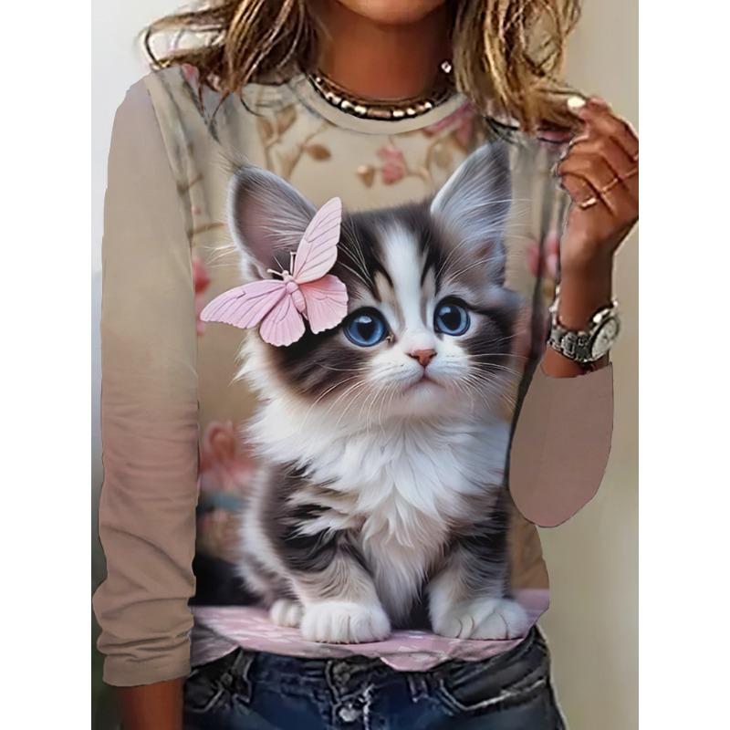 Camiseta de Otoño para Mujer de Manga Larga Estampado de Gato Lindo Calle Casual Cuello Redondo Jersey Ropa Oversize