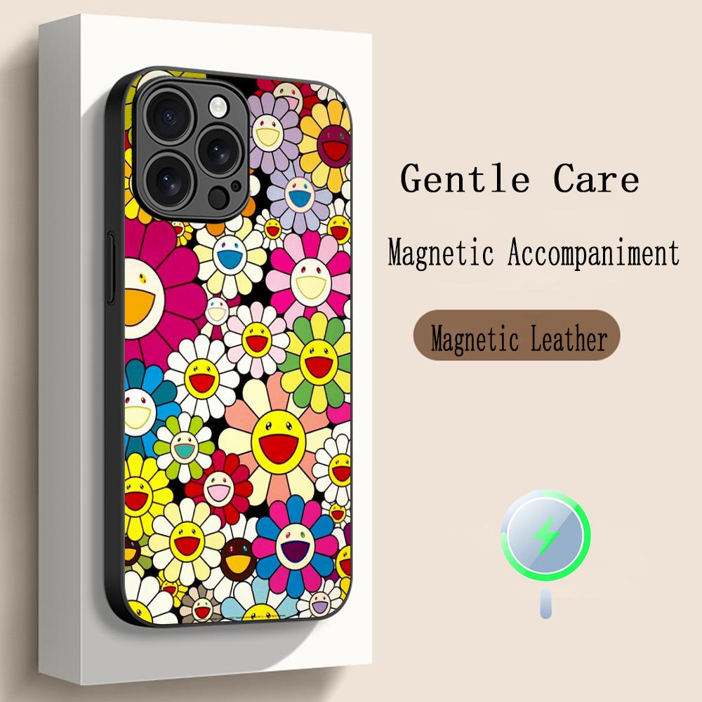 

Sunflower japan painting M-Murakami art Phone Case For iPhone 17 16 15 14 13 12 Plus Pro Max High-end Luxury Magsafe Sheepskin iPhone 14 Pro Max