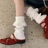 Lace Trim Pom-Pom Fold-Over Ballet Style Women's Leg Warmers - Japanese Scrunch Socks for Autumn/Winter