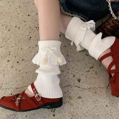 Lace Trim Pom-Pom Fold-Over Ballet Style Women's Leg Warmers - Japanese Scrunch Socks for Autumn/Winter