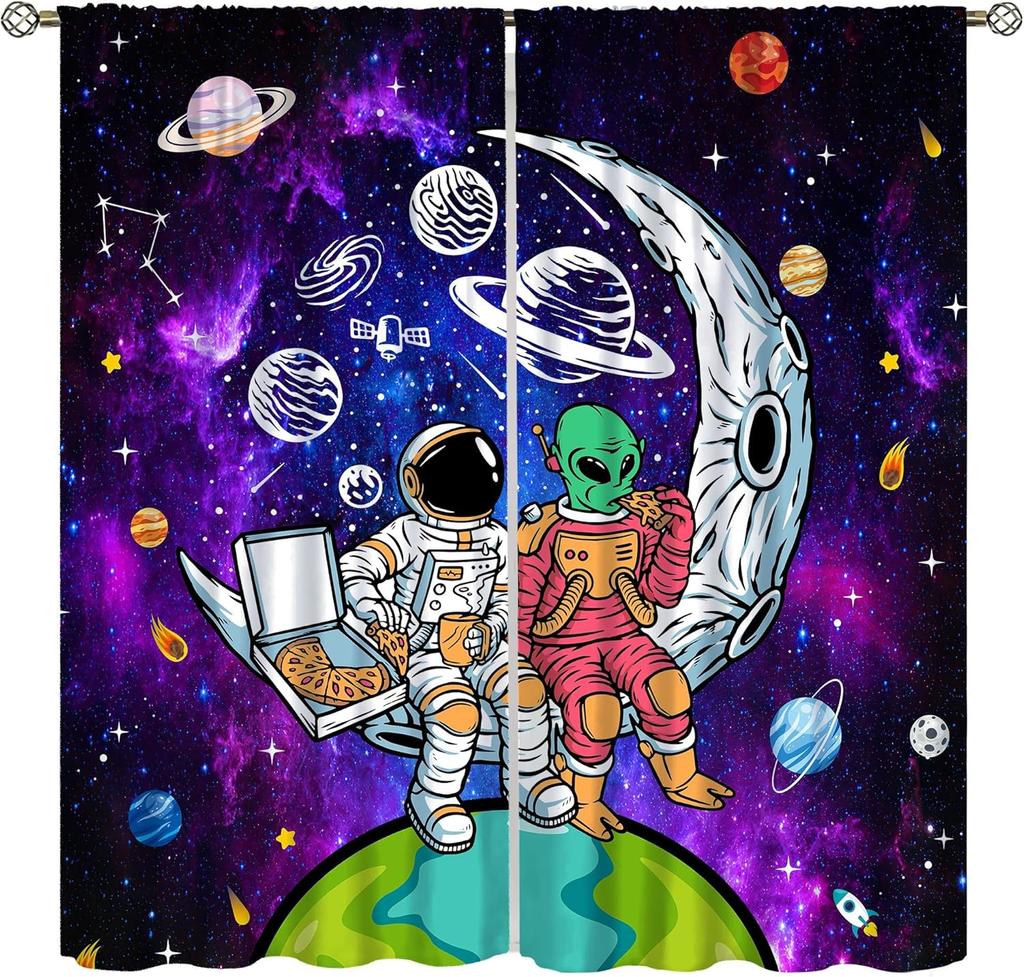 Space Astronaut Curtain,Cartoon Solar System Universe Rocket Spaceship Planet Earth Stars Window Treatments Drapes for Kids Boys