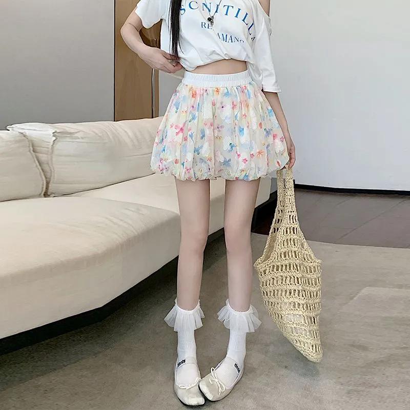 Women's Summer Floral Print Puff-Sleeve Shorts with High Waist, Loose-Fitting Casual Wide-Leg Skirt-Pants