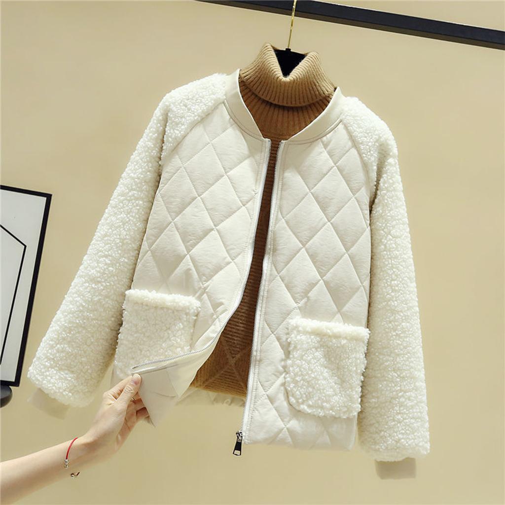Womens Quilted Baseball Jacket Long Sleeve Thickened Cotton Padded Outerwear Zip Front Lightweight Warm Casual Coat