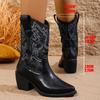 Retro Embroidered Women's Cowboy Boots Chunky High Heels Pointed Toe Winter Boots Woman Brown PU Leather Western Botas De Mujer