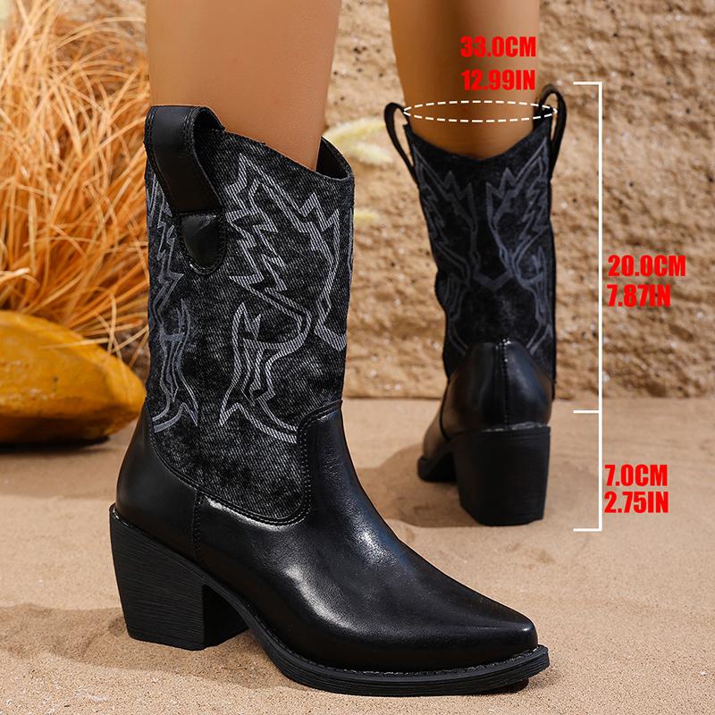 Retro Embroidered Women's Cowboy Boots Chunky High Heels Pointed Toe Winter Boots Woman Brown PU Leather Western Botas De Mujer