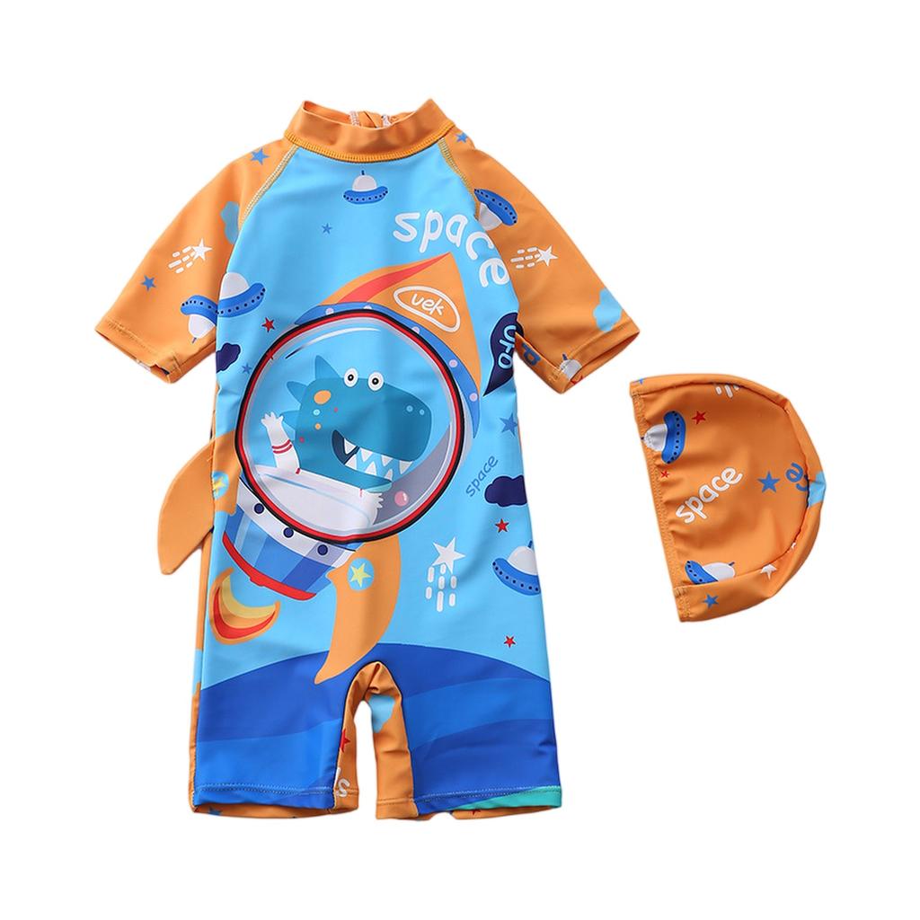 Boys Short Sleeve Hooded One-Piece Swimsuit Cartoon Dinosaur Print Beach Swimwear Summer Kids Swim Shirt with Matching Swim Cap