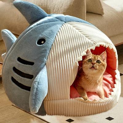 Hundehaus Hai Winter Verdicken Warm Niedlich Haustiermatte Haushalt Welpenzubehör mit Streifendesign Halbgeschlossen Plüsch Katze Kissen