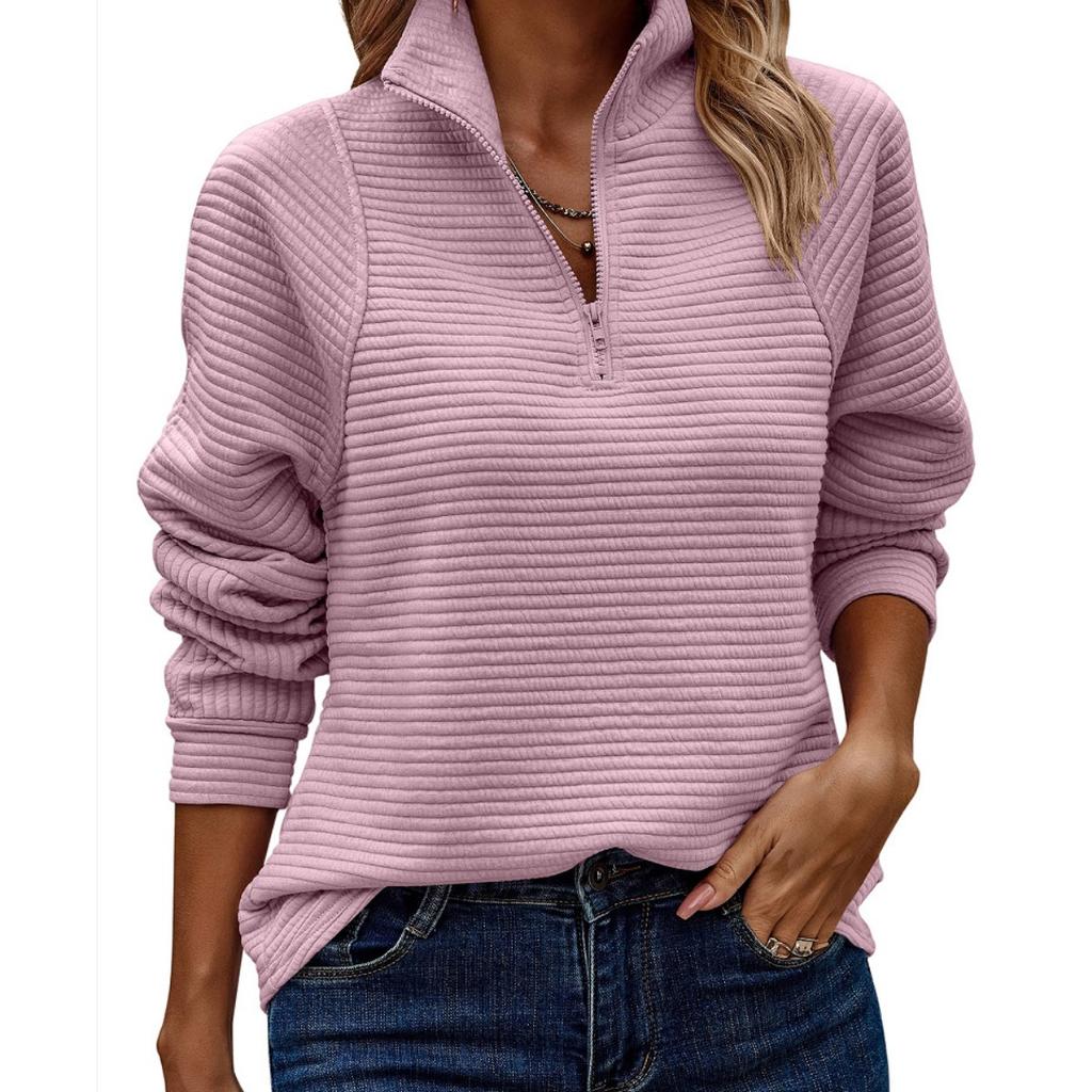 Dames sweatshirt met opstaande kraag, halve rits, lange mouwen, losse pasvorm, casual, ribgebreide pullover