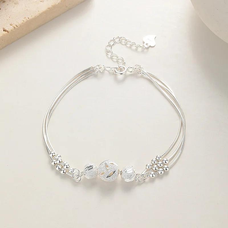 100% Solid 925 Silver Metal Bracelets for Women Men Adjustable Beads Handmade Simple Birthday Christmas Gift