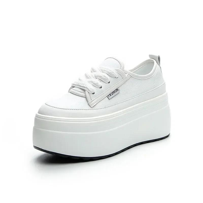 

Мода 2025 Высокое качество 8 см Коровья Натуральная Кожа Весенние Повседневные Массивные Кроссовки Женские Вулканизированные Туфли 33 белый