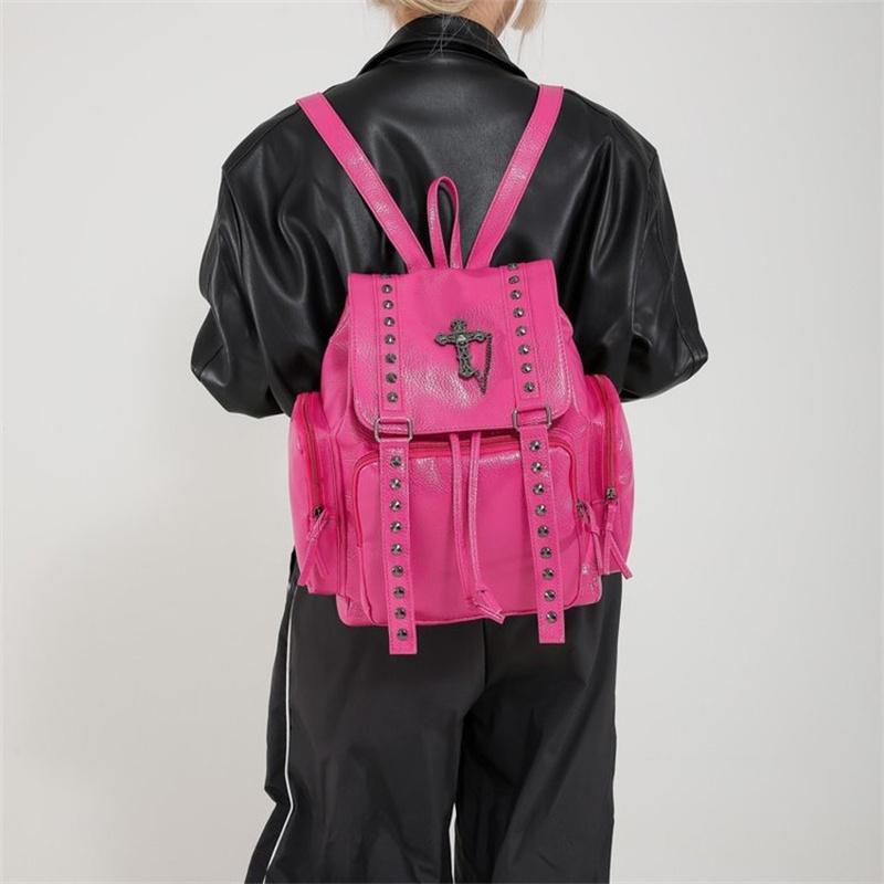 Yogodlns Nieten Rucksack Damen Gothic Punk PU Leder Schultertasche Damen Vintage Rucksäcke College Große Kapazität Schultasche