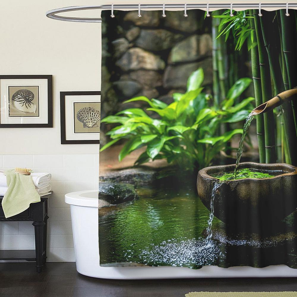 1/4pcs Bamboo Water Fountain Shower Curtain Set Zen Garden Nature Scenery Waterproof Fabric Bath Curtain with 12 Hooks Non Slip Rug and Toilet Cover