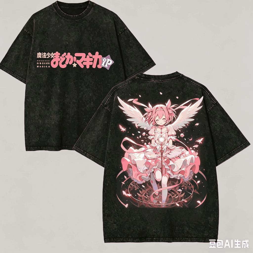 Maglietta Grafica Puella Magi Madoka Magica Lavata Vintage Cotone Manica Corta Oversize Larga Unisex Madoka Anime Streetwear Top
