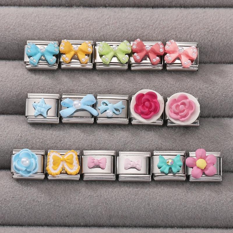 Fashion Colorful Bow Series Charm Bracelet Rose Flower Heart Cherry Y2K Bead Fit 9mm Bracelet Stainless Steel DIY Jewelry Gift