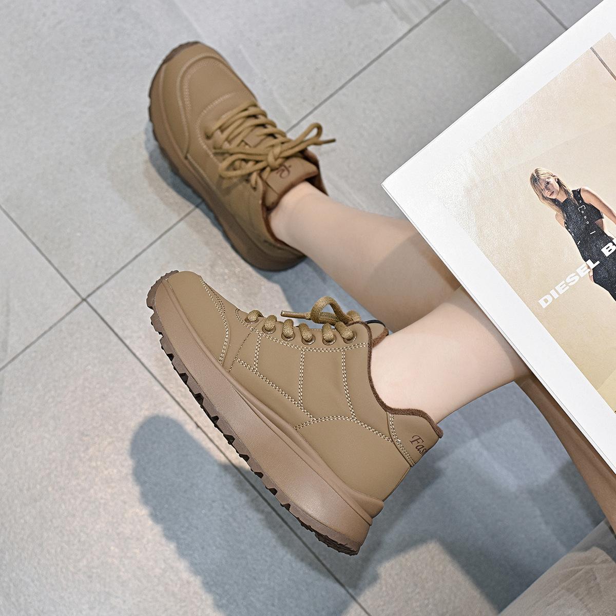 Platform bread shoes women s autumn and winter high-top velvet white shoes fashion trendy shoes lace-up women s cotton shoes 35 11169₽