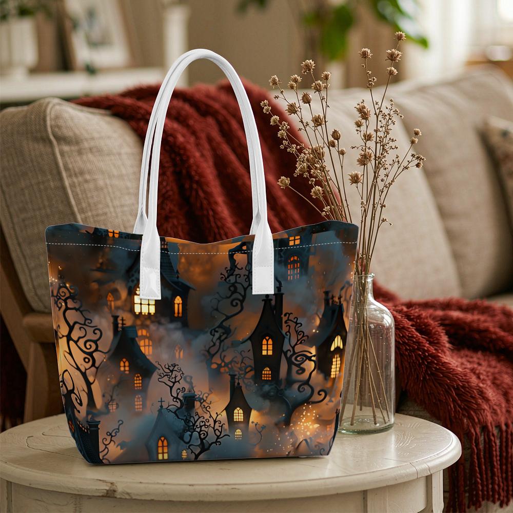 Halloween Spooky Town Print Tote Bag Casual Large Capacity Shoulder Handbag for Daily Use