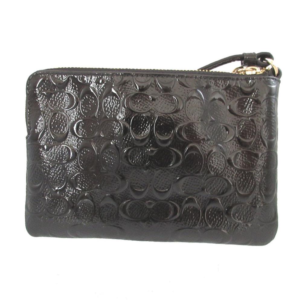 Used AUTHENTIC COACH Mini Pouch WristletPouch Black Patent Leather