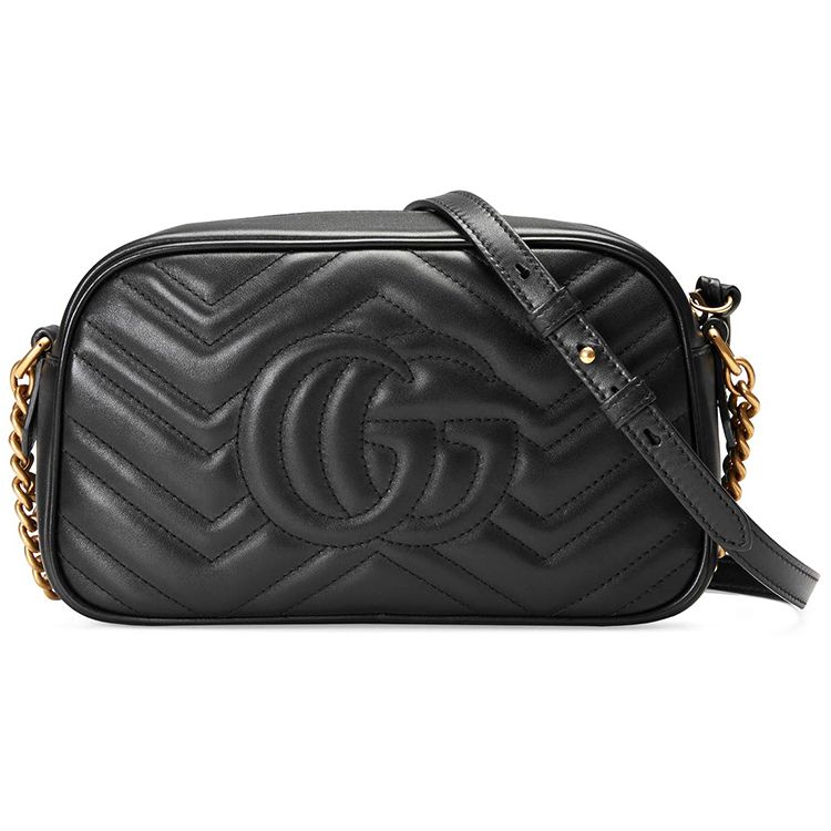 Gucci GG Marmont Black Leather Chevron Quilted Camera Crossbody Bag For Women Daily Use