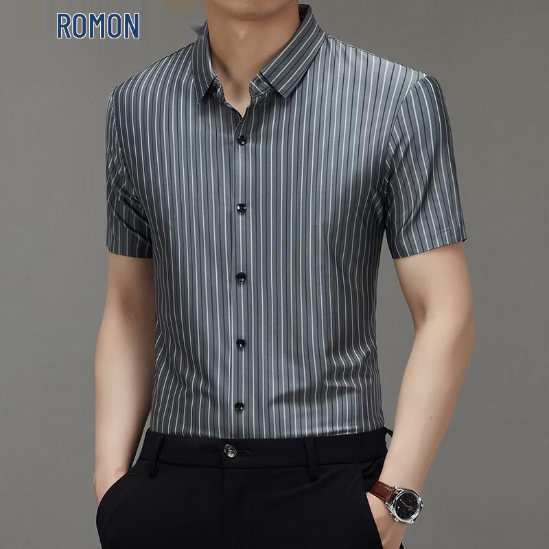 ROMON Men's Striped Short Sleeve Casual Shirt