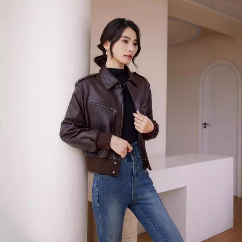 New Autumn and Winter Fashionable Leather Jackets for Women, Short Sheepskin Jackets, Loose and Slim Motorcycle Suits