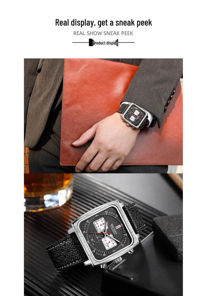 MEGIR Men's Square Genuine Leather Chronograph Quartz Watch