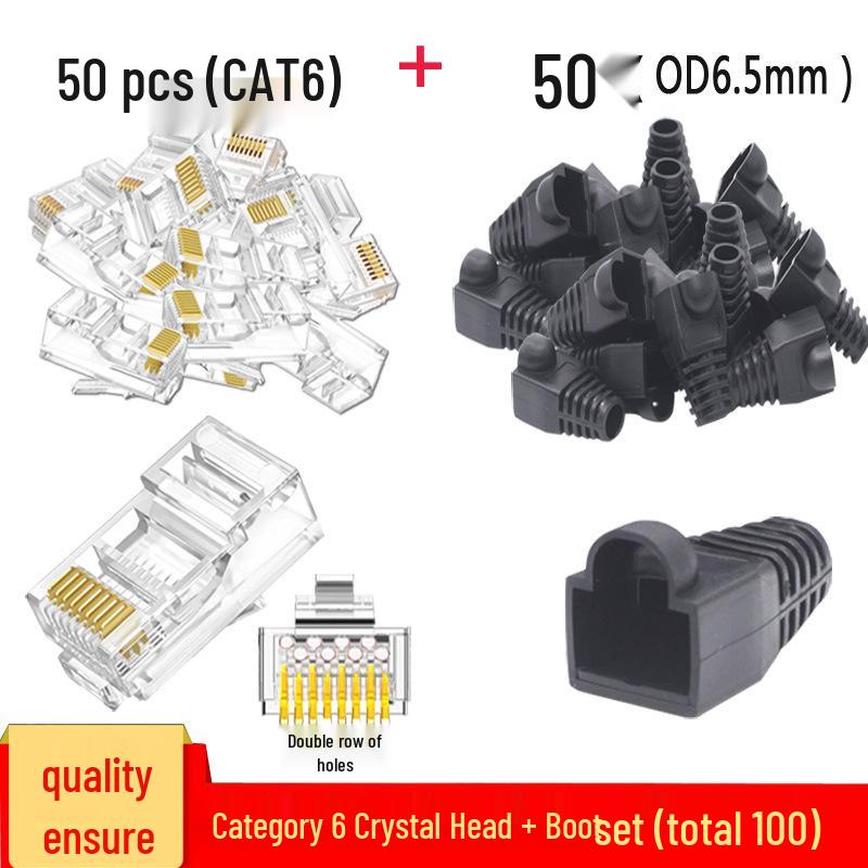 RJ45 Boot 50-Piece Set: Gold-Plated CAT6 Crystal Head & Network Cable Rubber Boots - 100 Pieces Total