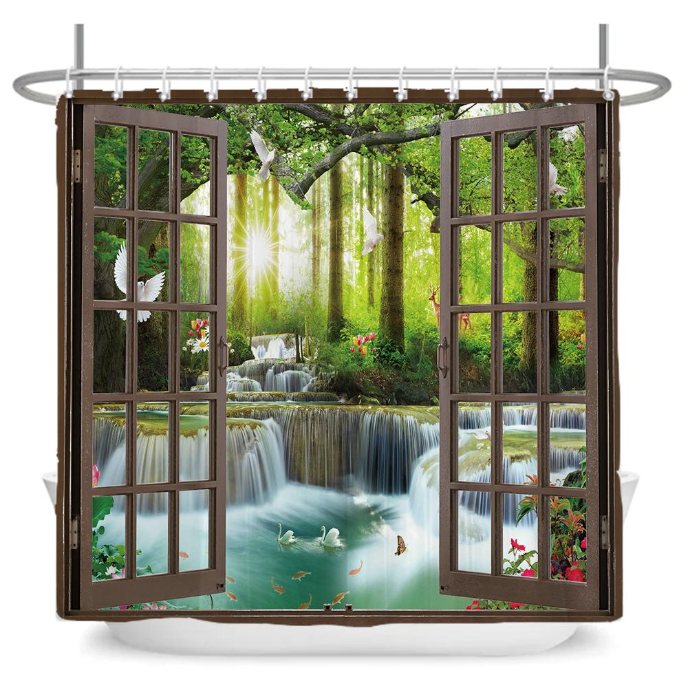 3D Forest Waterfall Landscape Bath Curtain Window Scenery Curtain Spring Nature Rainforest Shower Curtains for Bathroom Decor