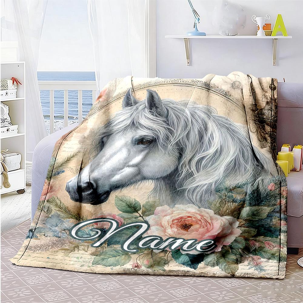 Vintage White Horse Personalized Text Blanket Cozy Personalized Blanket Soft Warm Cozy Versatile for Seaside Nap Bedding Sofa Four Seasons Multipurpos