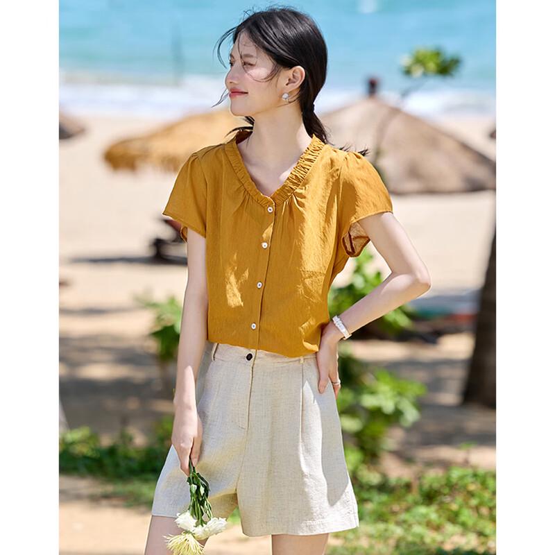 Women s French Retro Ruffle Sleeve Lyocell Blend Shirt L