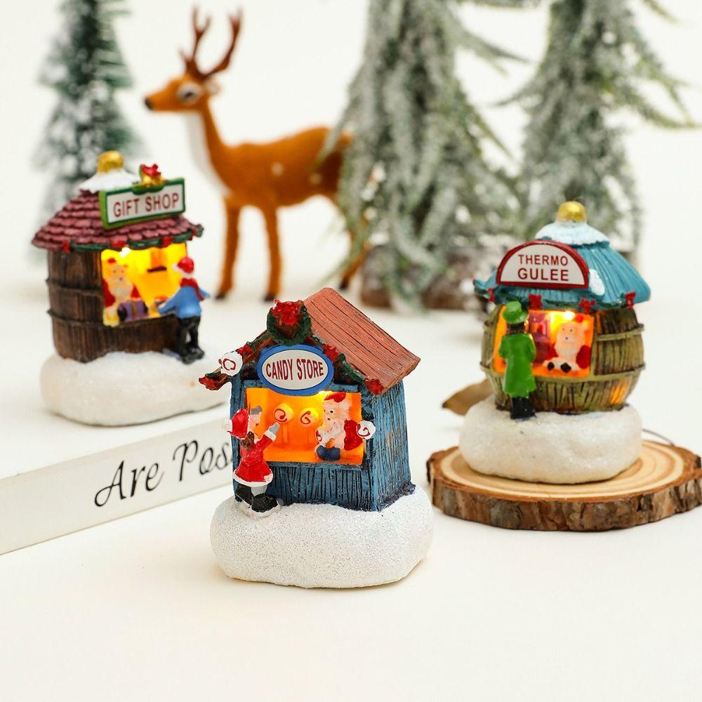 Santa House Miniatures Resin Christmas Microlandscape Ornament Christmas Small House Lamp  Kid Gift