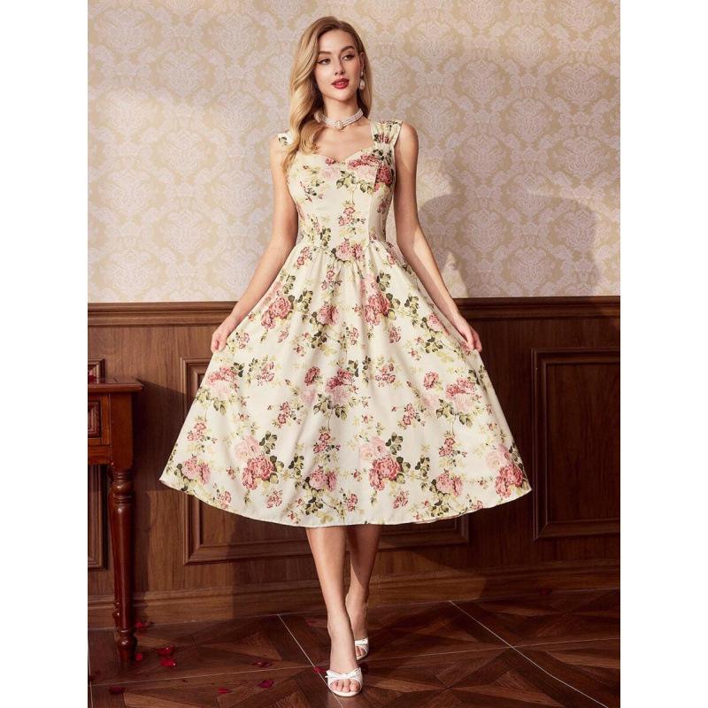 European and American French retro elegant flower jacquard casual vacation style sweet age-reducing dress women XS