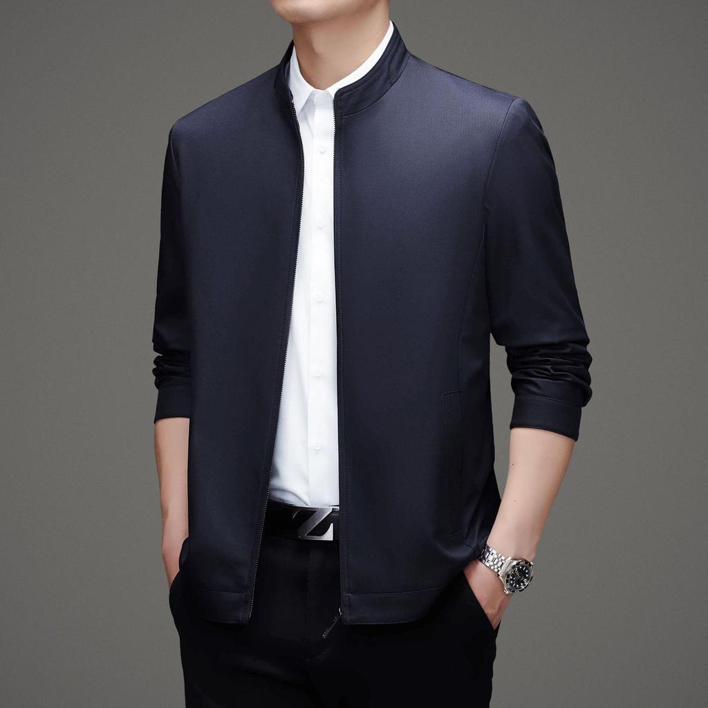 Men's Mulberry Silk Jacket: Middle-aged Casual Thin Top, Spring/Autumn, Loose Stand Collar for Elderly Fathers
