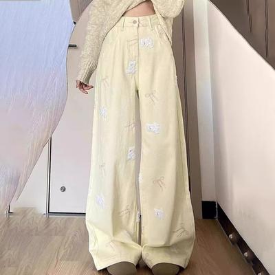 American-Style Bear-Embroidered Wide-Leg Jeans for Women - Spring/Summer High-Waisted Slimming Design Straight-Leg Long Trousers