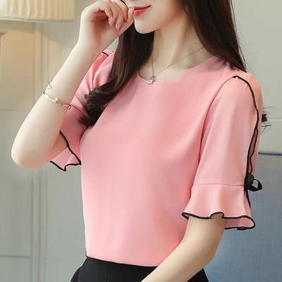 Fashion Chiffon Women Blouse Shirt Bow Short Sleeve Sweet Women's Clothing Pink O-neck Summer Tops