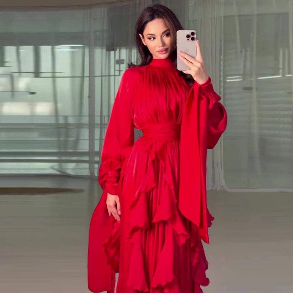 LYRIA Shinny Ruffles Hem Maxi Dress A Line Long Sleeve Slim Fit Party Long Robes Lace Up Luxury Club Vestidos Lady Gowns