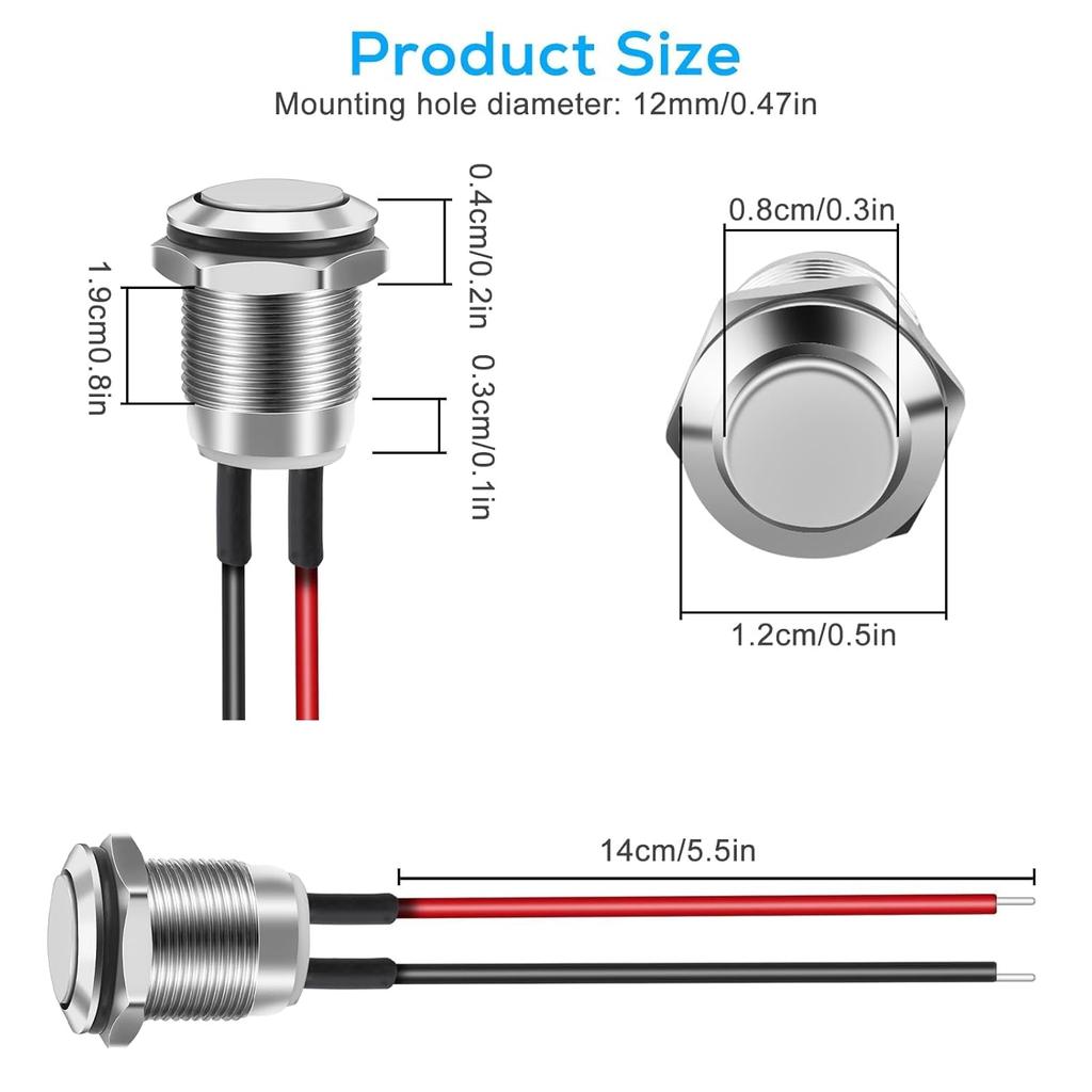 Linkstyle 10PCS 12mm Momentary Push Button Switch, Mini Round Pushbutton Switches with Pre-Wired, Waterproof, for Car Boat