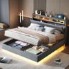 Upholstered Bed 140x200 Cm, Hydraulic Floating Bed Frame with Storage, USB Socket and LED Light, Reversible Headboard, Linen Grey