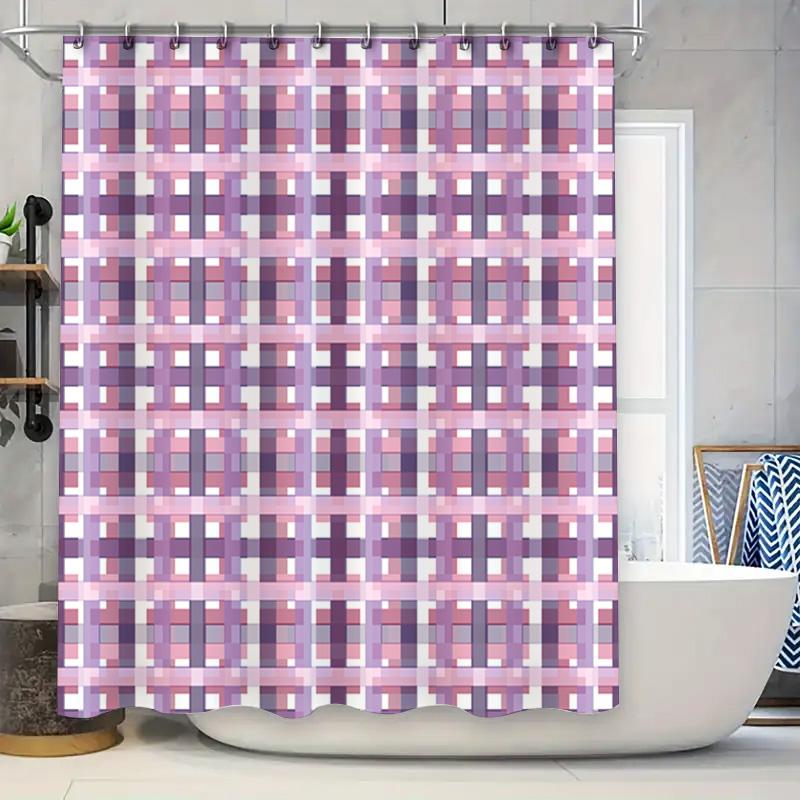 

Pink Plaid Bath Shower Curtain Waterproof Bathroom Decor Privacy Protection Faux Linen Fabric Print Home Decoration Customizable W60H190(CM)-1 Pcs