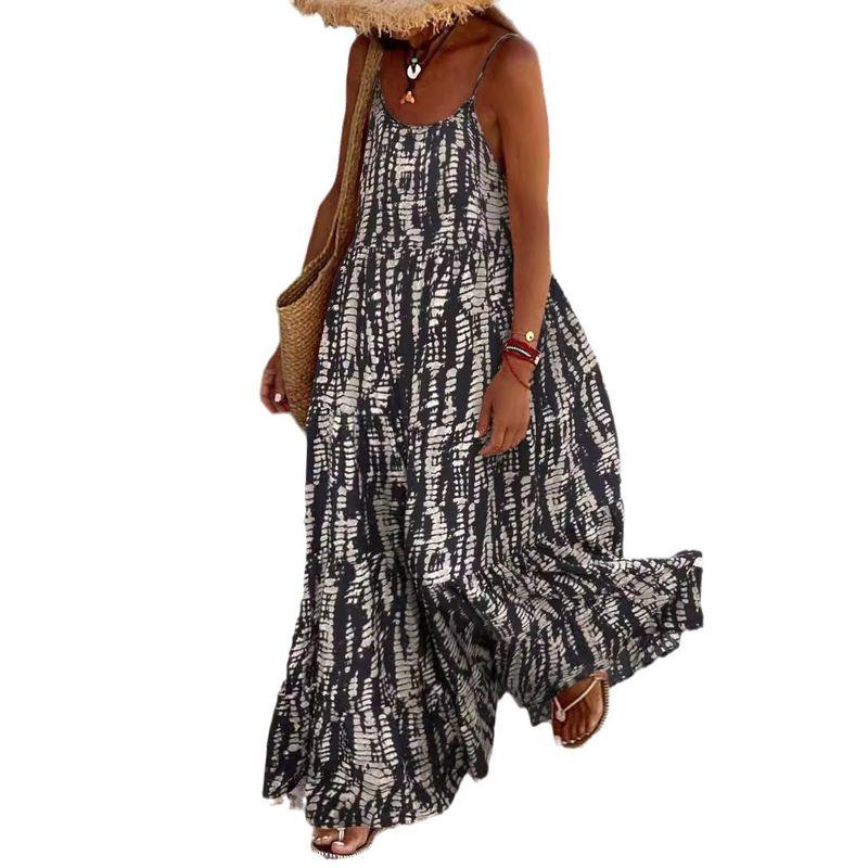 

Camisole Long Skirt Fashion Women s 2025 Casual Swing Dress Abstract Printing Suspender Dress Black S
