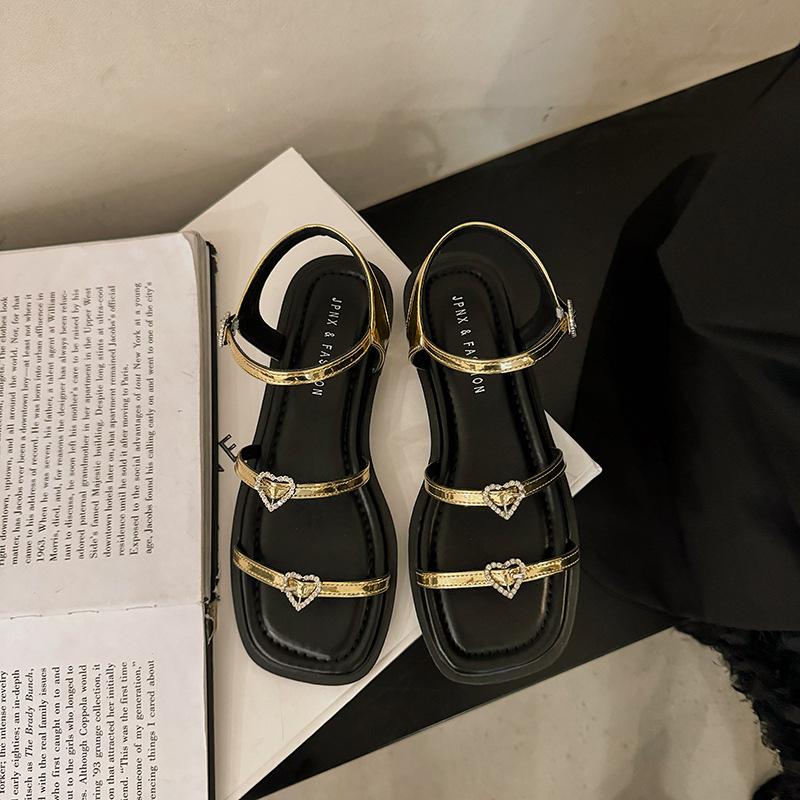 

Стразові сандалі-слайди з пряжкою у формі серця, жіночі літні універсальні з квадратним носком, пряжкою на одне слово та відкритим носком, пляжна слава 42 золотий