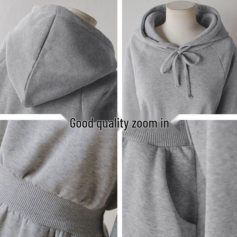 Autumn & Winter Plus Velvet Hoodie Dress: Ankle-Length, Waist-Cinched, Plus Size, Slimming Fit for Super Fairy Students