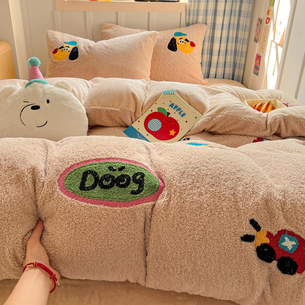 Verdicktes Milchfleece Bett Vier-Teile-Set Kinderbettwäsche Koralle Teddyfleece Studentenwohnheim Bettbezug Bettlaken Drei-Teile-Set