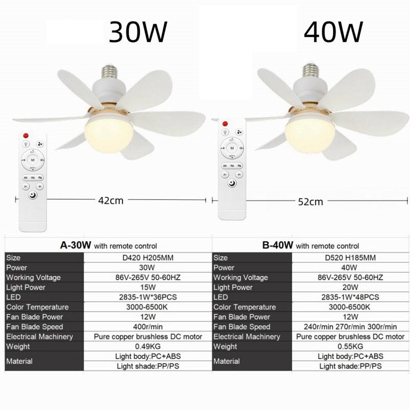 LED ceiling fan light E27 with remote control for dimming, suitable for living room, study, household use, 85-265V