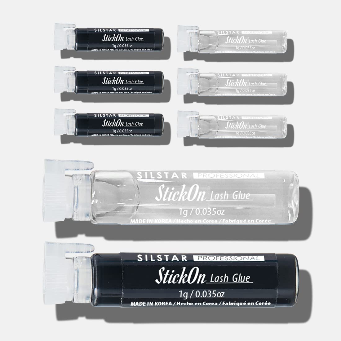 

SILSTAR PROFESSIONAL Strip Lash Glue Stick-On Bottle with Stick, 0.07oz (1g) x 8 - Black & Clear Assortment, Half & Half Latex-Free Strong Hold to