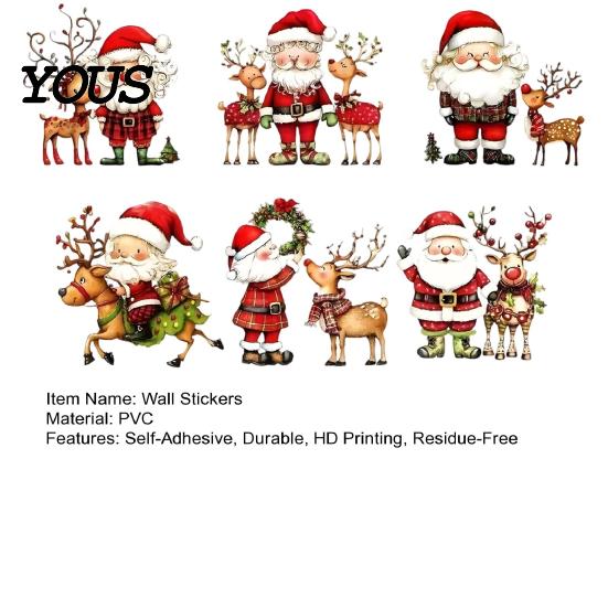 Festive Wall Decorations Christmas Stickers, Watercolor Santa Claus Reindeer Decals, Self-Adhesive Art Stickers for Living Room Bedroom Entryway