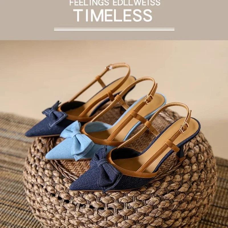 Fashion Pointed Heel Sandals Velvet Shoes Suit Female Beige 2025 Women's Suede Low Closed Denim Black Fashion Real Girls Stiletto Retro